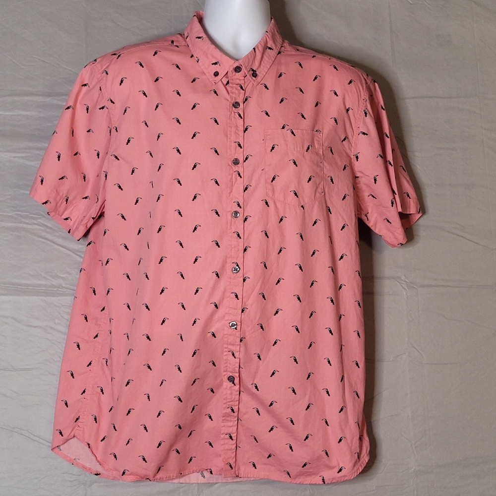 Carbon Button Down Shirt Mens XL Pink with Toucan Birds Cotton